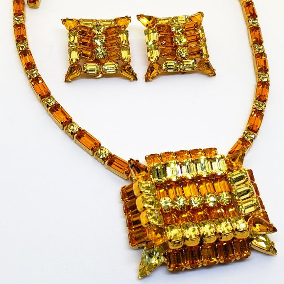 Vintage KRAMER OF NEW YORK Art Deco Yellow Orange Rhinestone Necklace Earrings - Picture 7 of 14